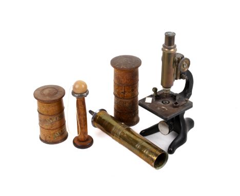 A group of assorted items. Including two fruitwood spice towers, a brass microscope and a grinder, etc. Max. H36cm