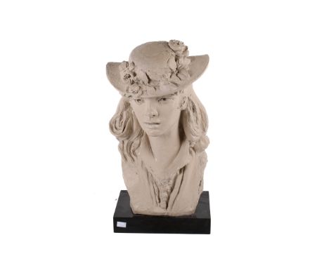 A 1970s Austin Productions plaster bust 'Young Girl with Roses In Her Hat'. Signed and dated 1979, H56cm