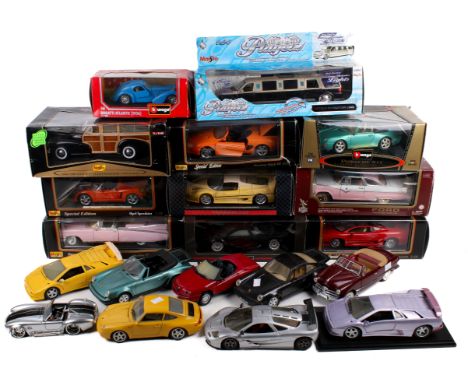 An assortment of diecast vehicles. Including a boxed Burago 1:24 scale Bugatti Atlantic (1936), a boxed Maisto 'Players' Linc