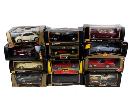 A collection of die-cast model vehicles. Including Maisto and Burago, all boxed.