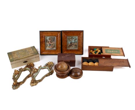 A collection of assorted items. Including a pair of wall scones, boxed dominoes and a Staunton fruitwood chess set, a brown l