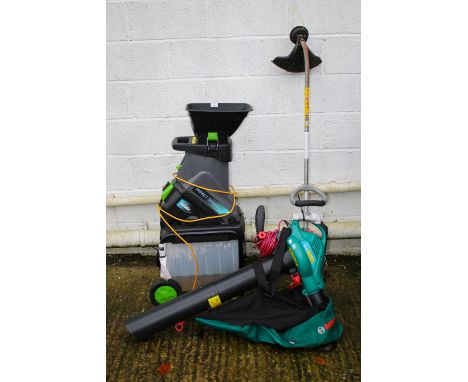 Three garden tools. Comprising a shredder, Dolman petrol strimmer and a STIHL SG 55 blower