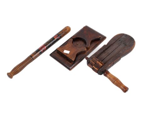 A group of three items of treen. Including a painted Police truncheon, a small carved footstool and football rattle. 