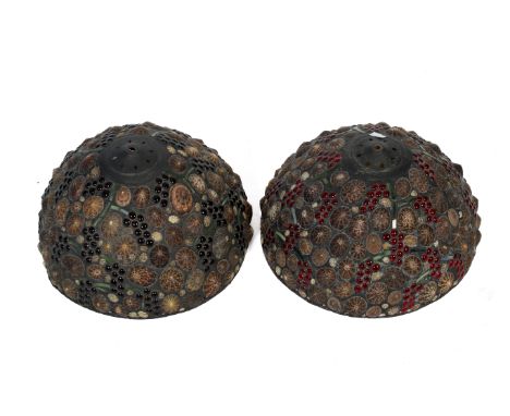 Two Richard Hoosin (American) leaded green glass and seashell inset ceiling light shades. One dated 1966 and engraved 'Hoosin