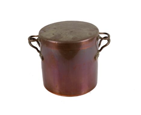 A large twin handled copper cooking pot. Of cylindrical form, H29cm