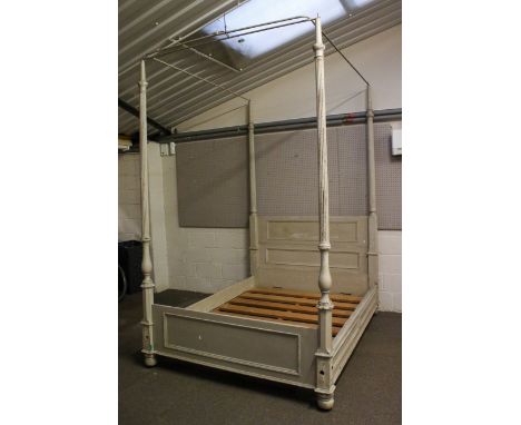 A grey painted four poster double bed frame. H268cm x W214cm x D169cm   Condition Report:  Two end bolts missing - fixed with
