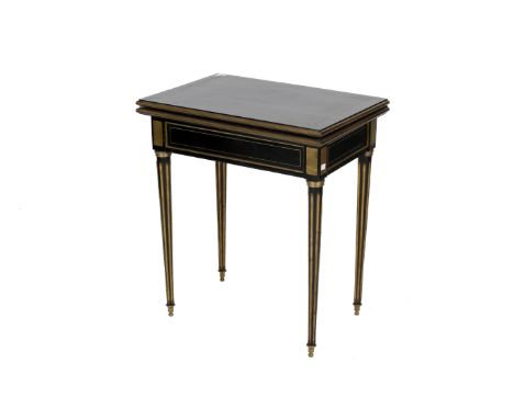 An ebonised brass bound card table. With a red baize top. H76cm x W66cm x D44cm (closed). 