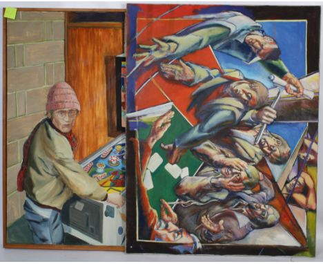 R Jenner (20th century) - two large oils on canvas. 'Card Game' 172cm x 132cm and 'Pinball Wizard', 137cm x 162cm