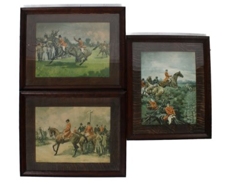 Three vintage polychrome hunting prints. Two in landscape format, in matching frames, largest framed size 64cm x 79cm.