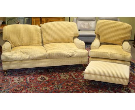 A Brights of Nettlebed striped three piece lounge suite of furniture in the Howards style. Comprising an armchair, two seater