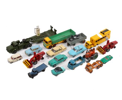 An assortment of playworn diecast. Including a Dinky Dodge Royal Sedan, 191, Spot-On Ford Anglia, Budgie 'Jumbo' Mobile Traff