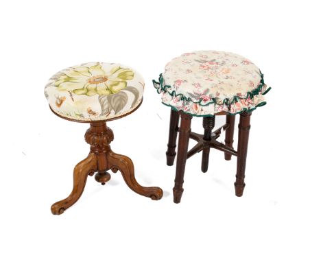 Two Victorian piano stools. One with a carved tripod base, upholstered with floral fabric, H45cm. The other with four turned 