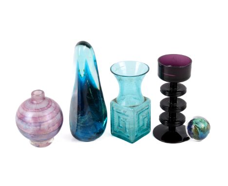 A collection of five items of coloured art glass. To include a Wedgwood 'Sheringham' candlestick, Dartington vase and Mdina, 