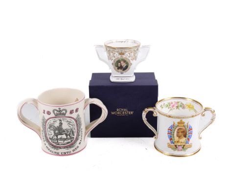 Three twin handled commemorative mugs. Comprising a boxed Royal Worcester mug, a Shelley loving mug commemorating Edward VIII