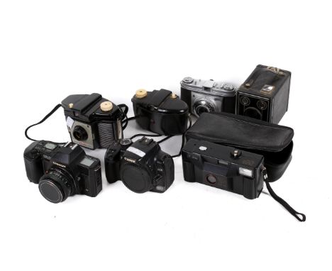 A collection of assorted cameras. Including Canon EOS 400D, compact and box, etc. 