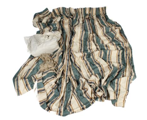 A pair of striped full length pleated and lined curtains. W176cm (top) x W410cm (hem) x L265cm