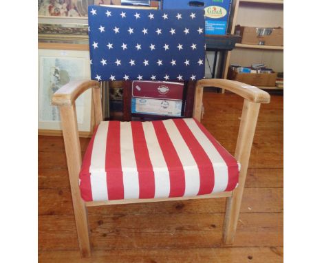 Stripped oak elbow chair with contemporary stars and striped upholstered seat and back