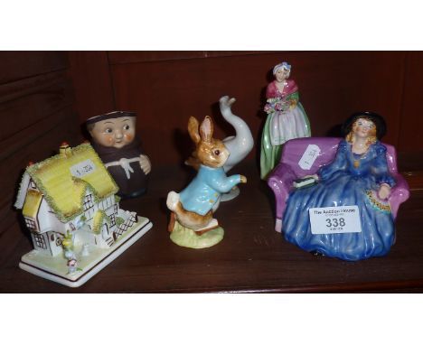 China figurines inc. Richton Studies lady, Arcadian China "Miss Prudence", Lladro goose, Beswick Peter Rabbit, Goebel monk ju