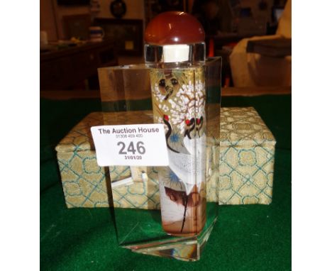 Modern Chinese sculptured glass snuff bottle with inside painted decoration, signed, with box
