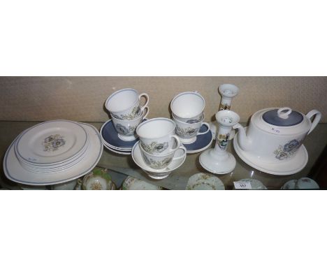 Susie Cooper Glen Mist pattern tea set, and two crested china candlesticks for Poole