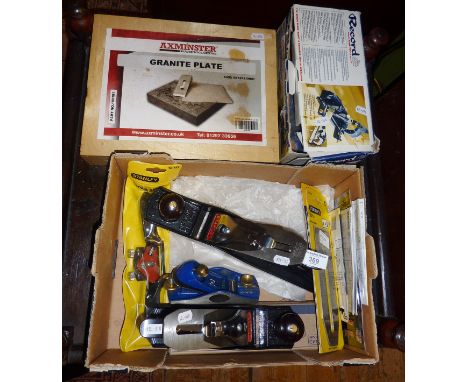 Unused Stanley woodworking planes (No. 4 &amp; 5), spoke shaves and other tools and blades