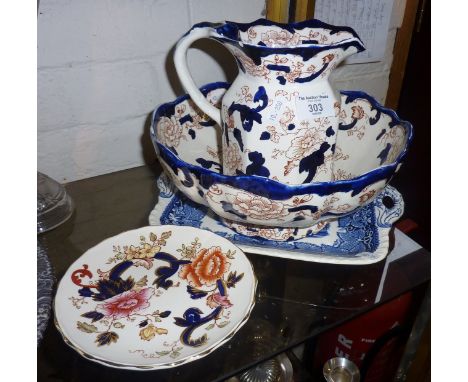 Three pieces of Masons "Mandalay" pattern jug and basin, and a similar blue and white platter