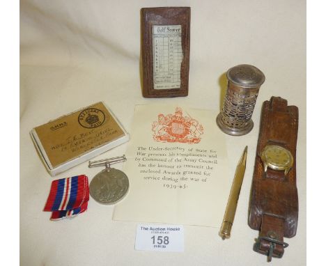 Vintage items: WW2 medal in original packaging, MACDUFF leather tee case containing golf scorer, hallmarked silver pepper pot