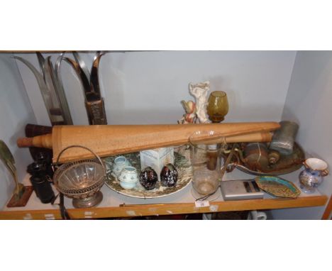 Shelf of assorted items and an Oriental scroll