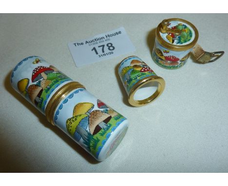 Vintage Halcyon Days Bilston &amp; Battersea Enamels sewing items: a thimble, tape measure and needle case or small box, all 