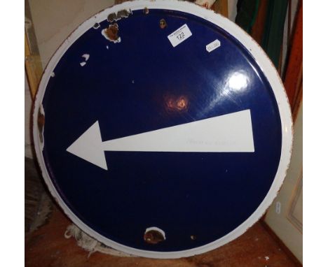 French round enamel traffic sign with white arrow on blue background