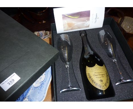 Boxed set of Dom Perignon Champagne, with pair of glasses and 750ml Vintage 2000 bottle