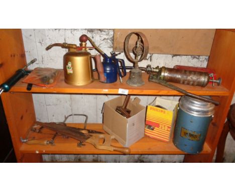 Assorted tools etc. inc. grease guns, oil can, servants bell etc.