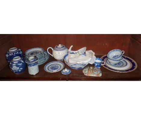 Large quantity of blue and white Chinese porcelain items (one shelf), inc. teapot, vases, dishes, etc.