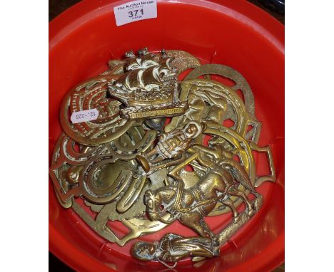 Collection of horse brasses and one girl door knocker, etc.