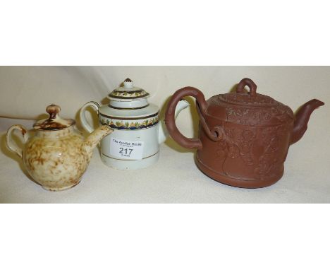 18th c. teapots - red stoneware with applied decoration, by the Elers Brothers. A Whieldon ware teapot (lid damaged), and a m