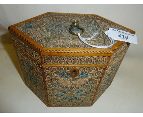 Fine Regency rolled paper hexagonal tea caddy having boxwood edging and brass wire inlays with two compartment interior which