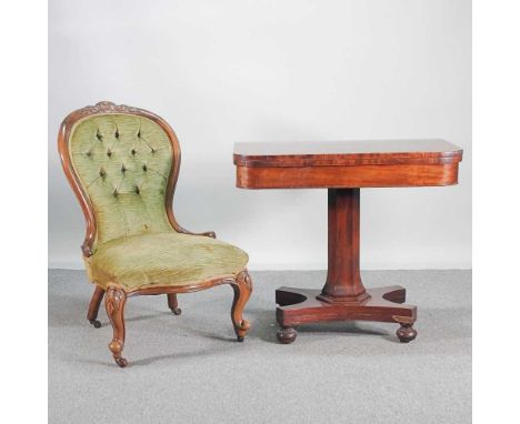 A Victorian green upholstered button back chair, together with a William IV mahogany folding card table (2)84w  45d x 75h cm