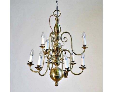 A Dutch style brass graduated nine branch chandelier, 79cm high86w x 86d x 192h cmOverall condition looks to be complete and 