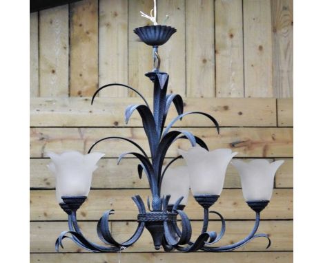 A modern metal six branch chandelier, 58cm diameter, together with a collection of lights, to include wall lights58w x 60h cm