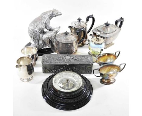 An Art Nouveau vaseline glass preserve jar, on a plated stand, together with a collection of silver plate, metalwares and an 