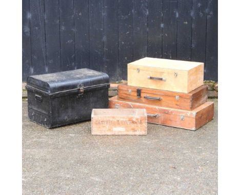 A carpenter's chest, 95cm, together with two others, a wooden crate, and a tin trunk (5)
