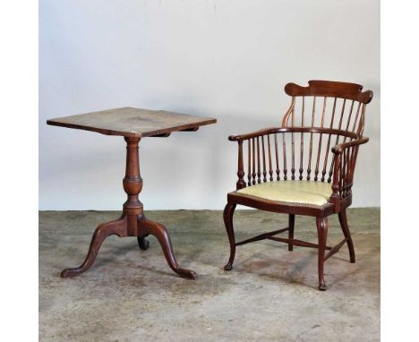 An early 20th century spindle back armchair, together with a 19th century tripod table, 57cm wide (2)