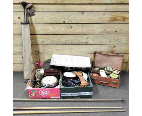 A collection of items to include clocks, canteens and a metal firescreen