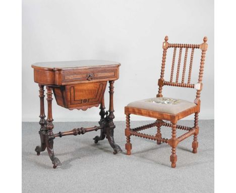 A Victorian burr walnut and inlaid work table, together with a Victorian bobbin turned side chair, with a tapestry seat (2)
