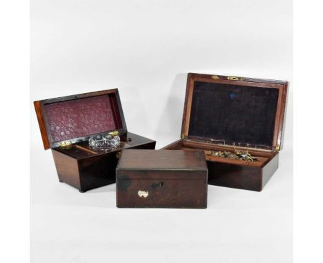 A Regency rosewood tea caddy, 30cm wide, together with two 19th century boxes (3)