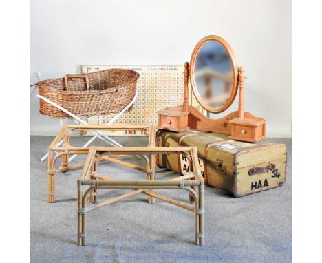 A wooden bound trunk, 91cm, together with a moses basket, table bases and other items91w x 51d cm