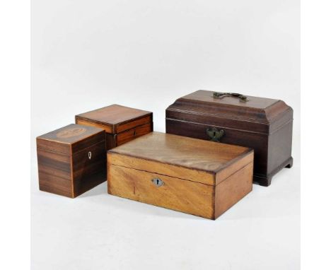 A George III satinwood tea caddy, 13cm wide, together with a George III tea caddy and two 19th century boxes (4)