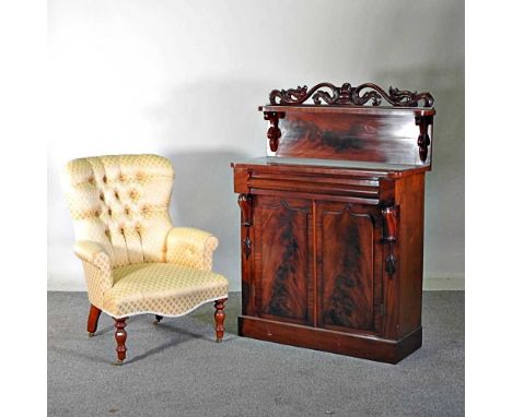 A Victorian style yellow upholstered armchair, together with a Victorian mahogany chiffonier (2)90w x 37d x 125h cm