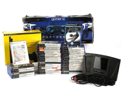A large assortment of items relating to PlayStation 2 (PS2) Includes: PS2 Slim Console [Black], PS2 Sportsboard, Joytech PS2 
