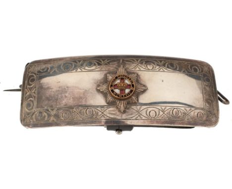 4TH/7TH ROYAL IRISH DRAGOONS SHOULDER BELT POUCH, the white metal pouch flap with scroll engraved border and applied white me